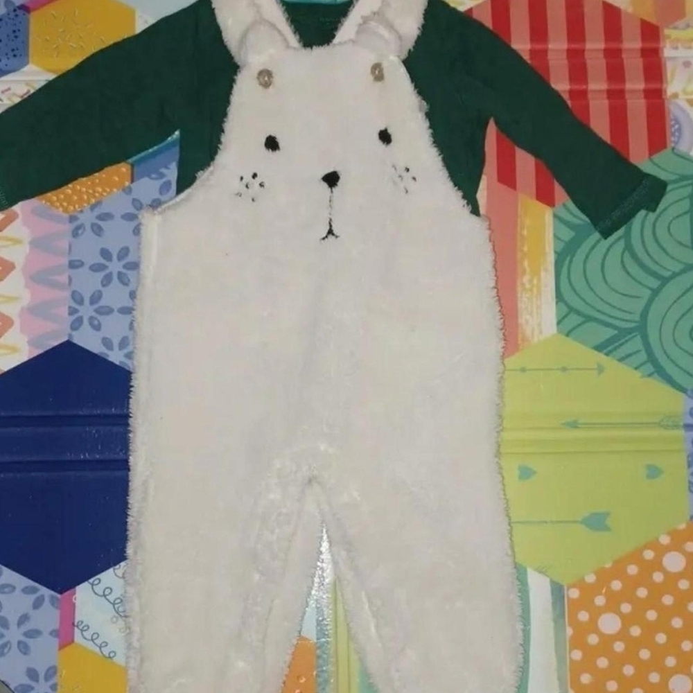 Adorable White Bunny Overalls with Green Shirt
